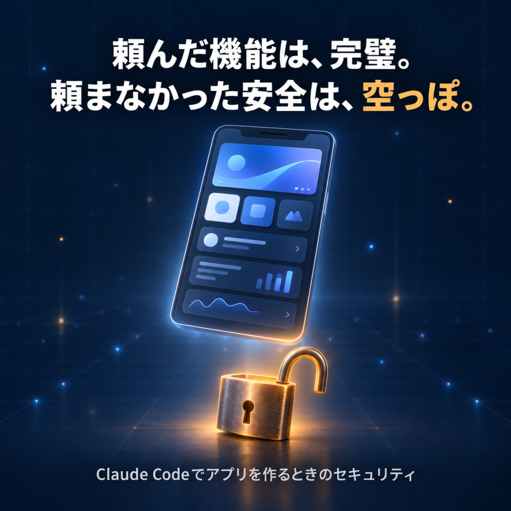 「頼んだ機能は、完璧。頼まなかった安全は、空っぽ。」の見出しと、光るスマートフォンのアプリ画面の下で鍵が開いたままの南京錠のイラスト