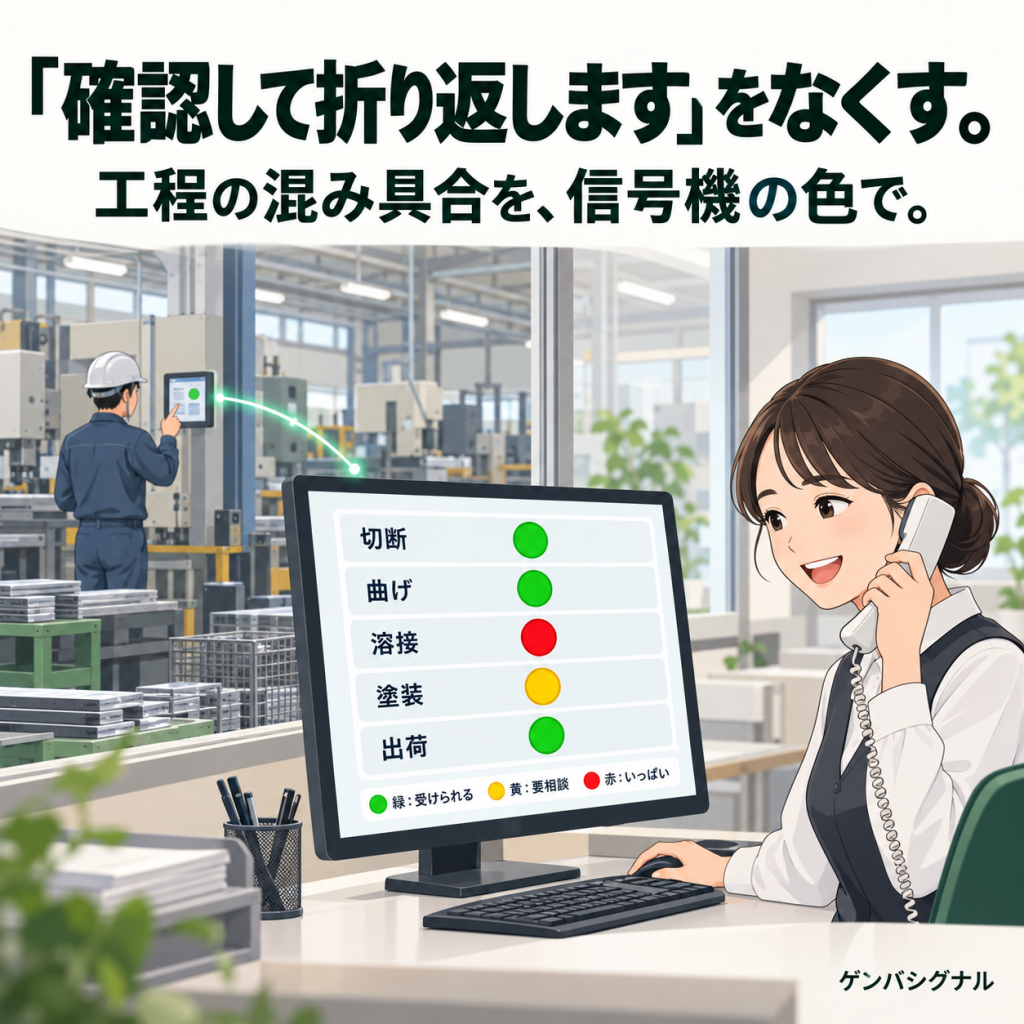 「確認して折り返します」をなくす。工程の混み具合を、信号機の色で。受付の女性が電話対応しながら、切断・曲げ・溶接・塗装・出荷の混雑状況を緑・黄・赤で表示した画面を確認しているイラスト