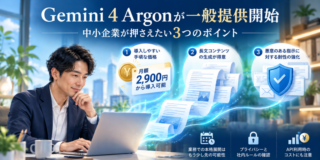 Gemini 4 Argonが一般提供開始。中小企業が押さえたい3つのポイント：①導入しやすい手頃な価格（月額2,900円から導入可能）②長文コンテンツの生成が得意 ③悪意のある指示に対する耐性の強化。注意点：業務での本格展開はもう少し先の可能性、プライバシーと社内ルールの確認、API利用時のコストにも注意