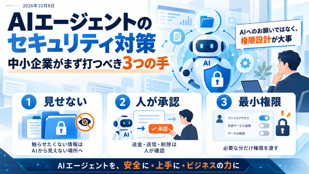 AIエージェントのセキュリティ対策 中小企業がまず打つべき3つの手。1 見せない（触らせたくない情報はAIから見えない場所へ）、2 人が承認（送金・送信・削除は人が確認）、3 最小権限（必要な分だけ権限を渡す）。AIへのお願いではなく、権限設計が大事