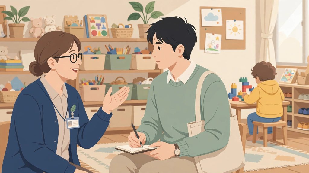 放課後等デイサービスの室内で、先輩職員が新人職員に支援の振り返りを話し、新人がノートにメモを取っているイラスト