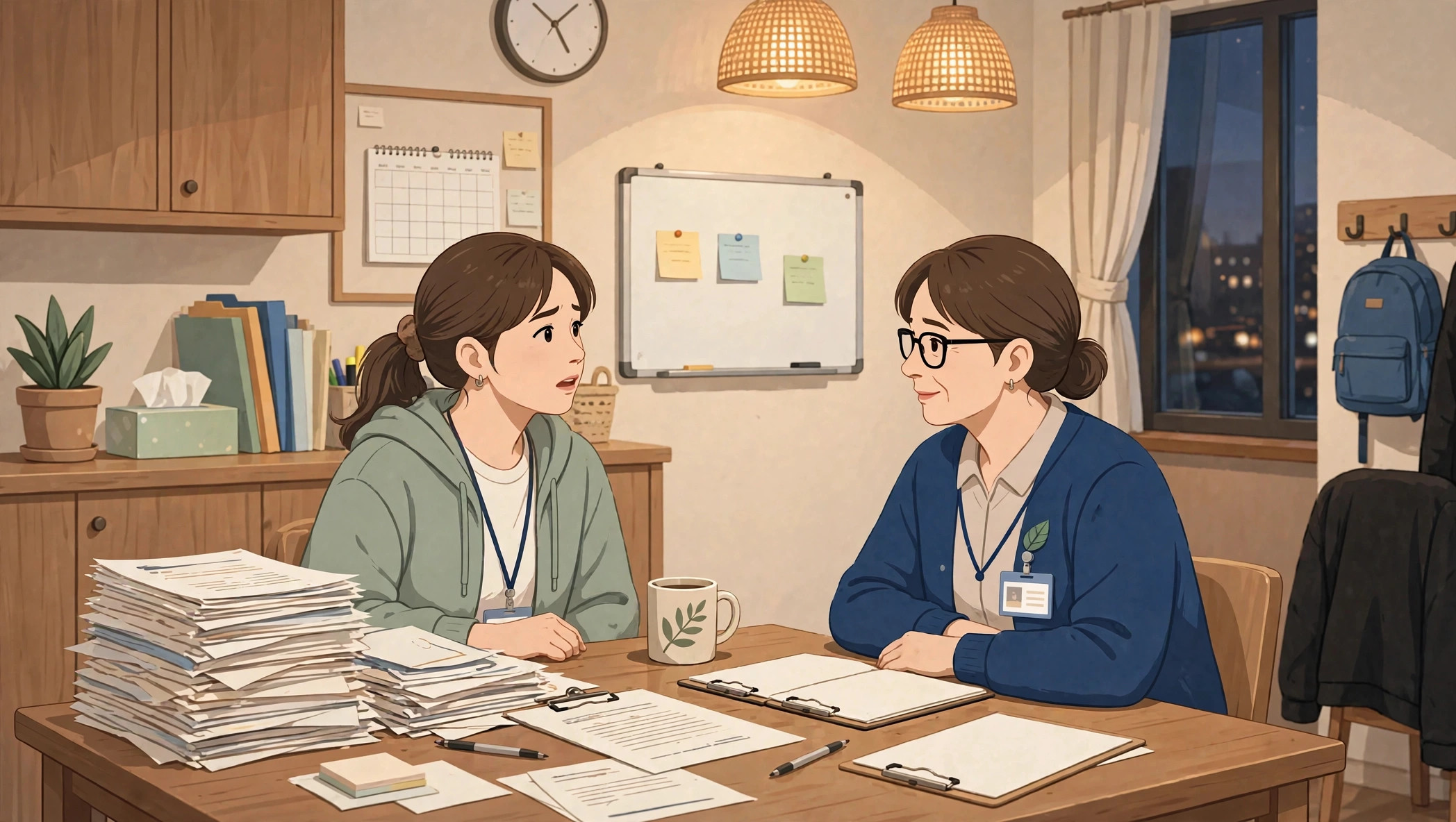 職員室で、少し困った表情の職員が先輩に声をかけ、先輩が穏やかに耳を傾けている場面