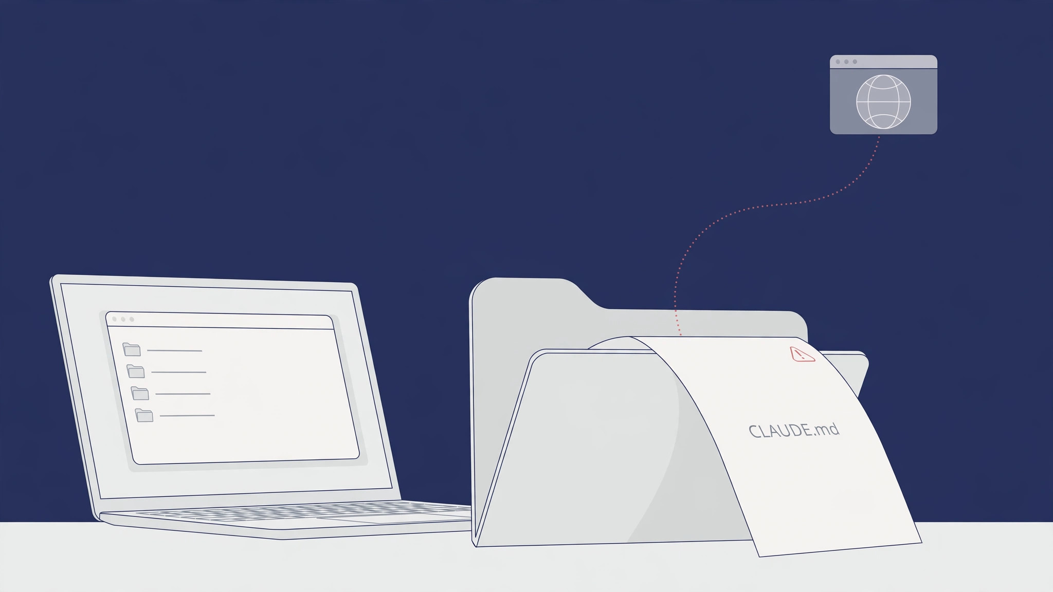 ノートPCのダウンロードフォルダに置かれた指示ファイル「CLAUDE.md」を、赤い警告サインが示している場面