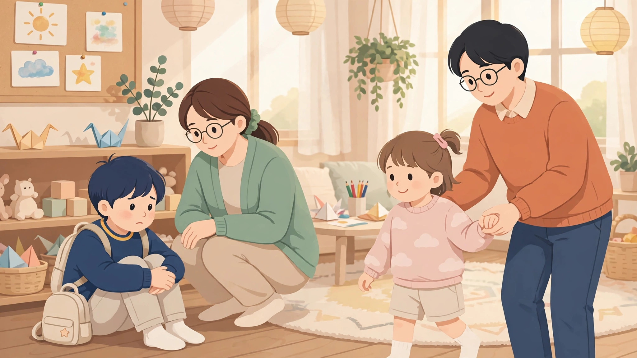 放課後等デイサービスで、こどもを見守る職員と、手をつないで活動に誘う職員