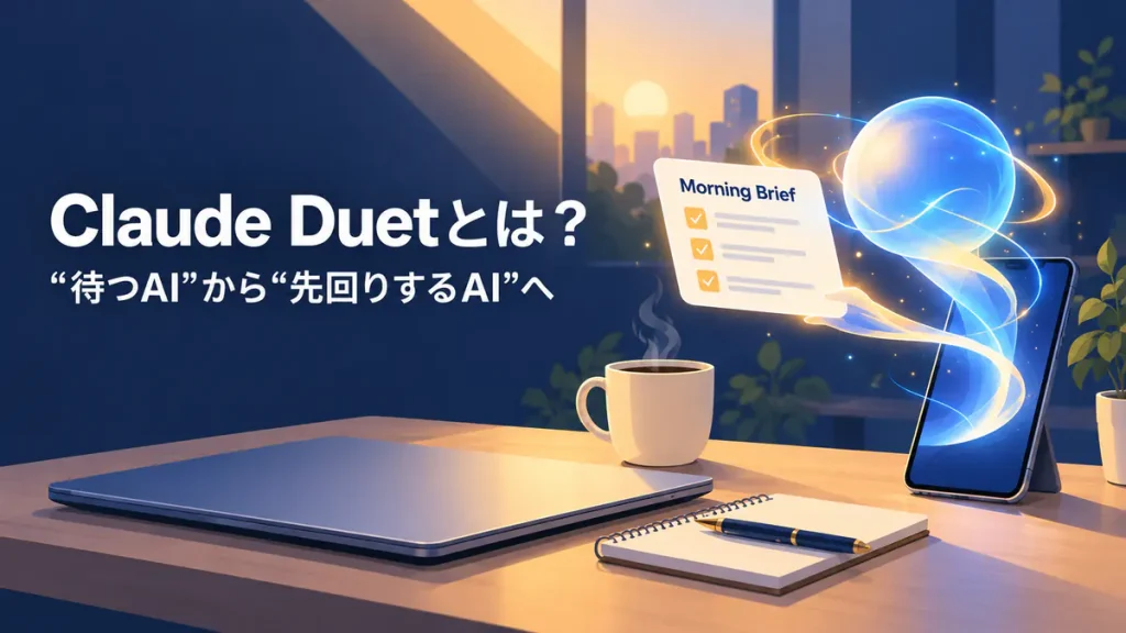 Claude Duetとは?「待つAI」から「先回りするAI」へ。朝のデスクで、AIがまとめたモーニングブリーフがスマートフォンから届くイメージ